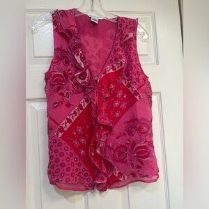 Vintage RICHARD MALCOLM Pink Flora‎ Printed Silk Short Sleeve Blouse M